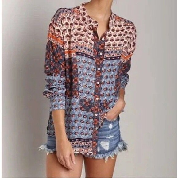 FREE PEOPLE Rayon Crepe Caravan Patchwork Boho Shirt Boho Hippie Women Size M - Picture 1 of 9